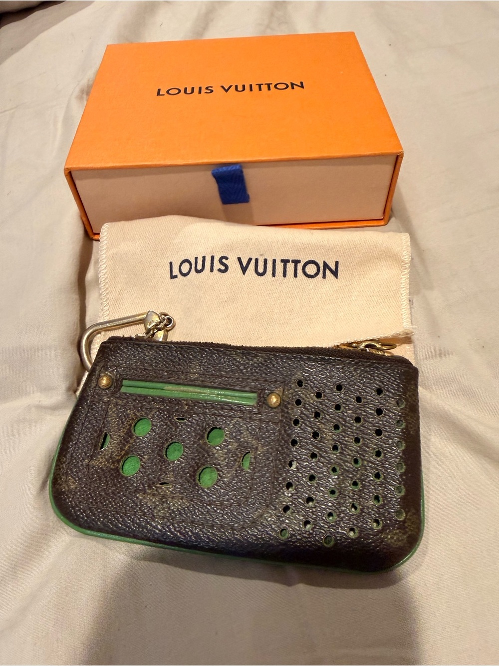 Louis Vuitton Brown Leather Zip Pouch with Green Accents